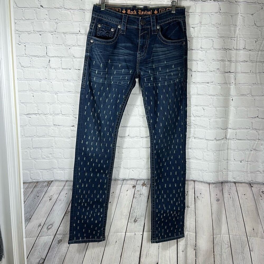 Rock Revival Mens Ryker Alternative Straight Jeans 32 Embellished Denim NEW